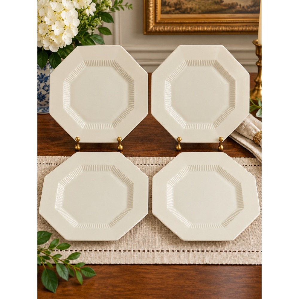 Made In Japan Nikko Classic Dinner Plates 10.75" White Octagonal Ribbed Set of 4